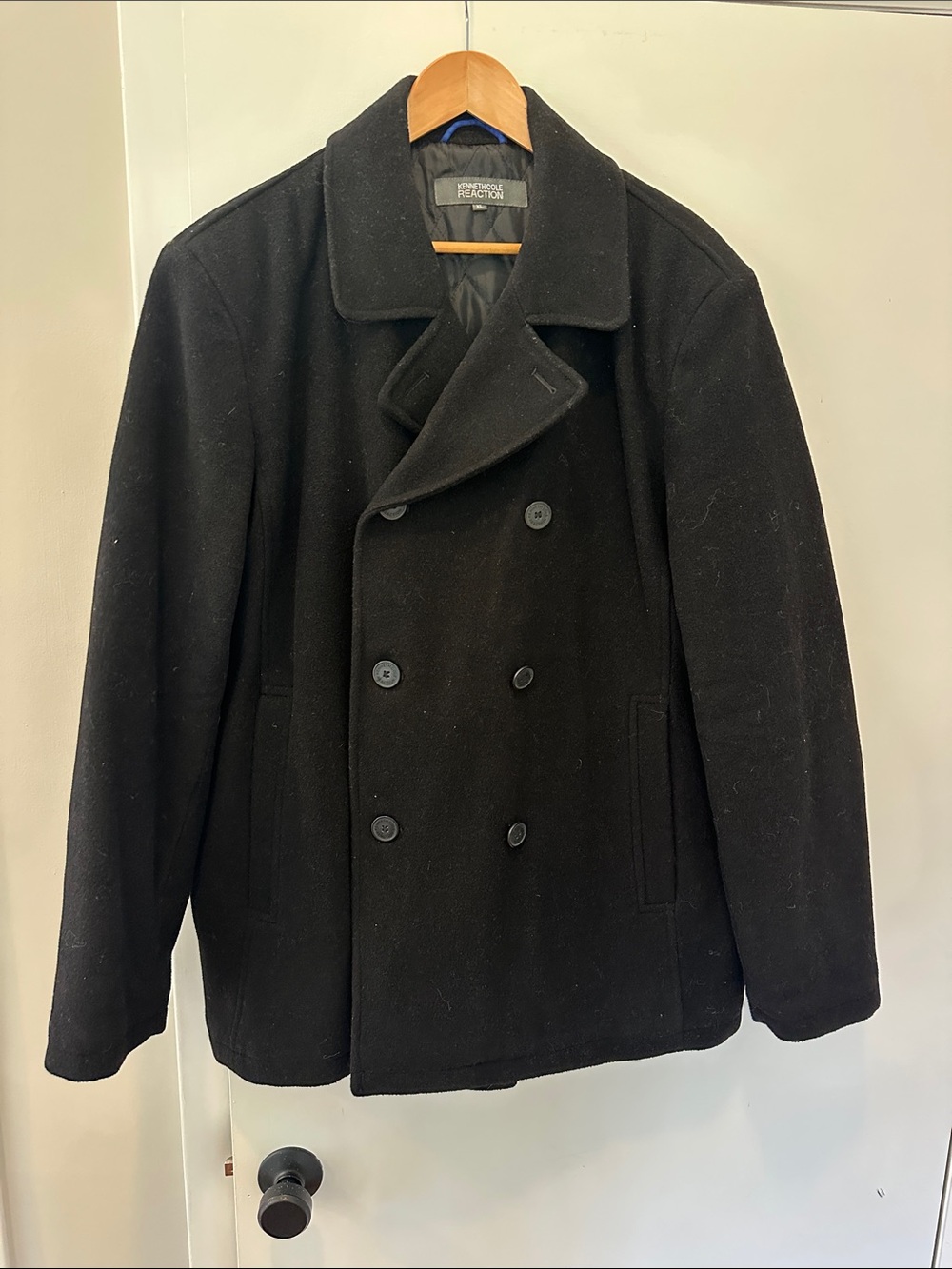 Kenneth Cole Reaction Black Double-Breasted Wool-Blend Pea Coat